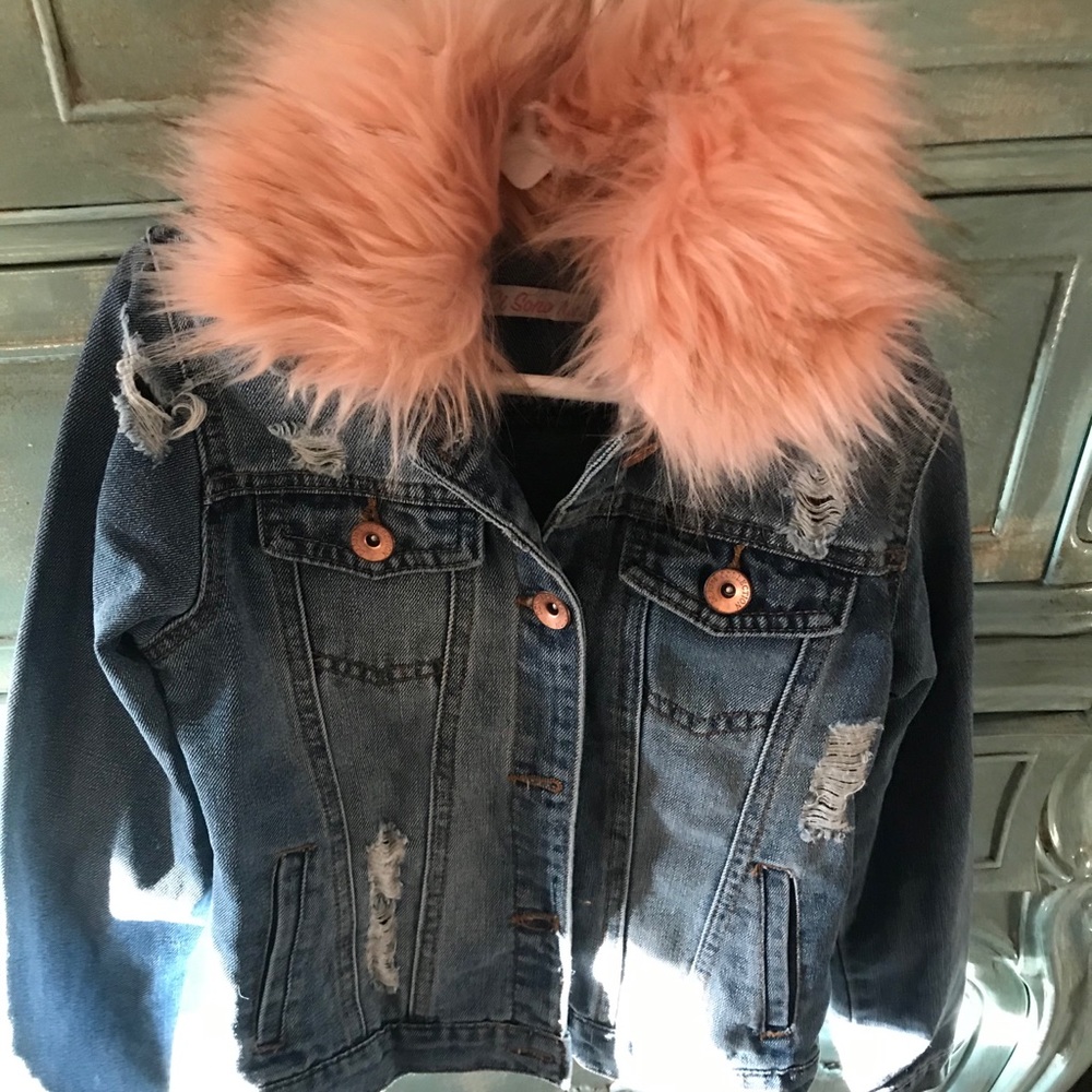 Girls distressed jean jacket with fur